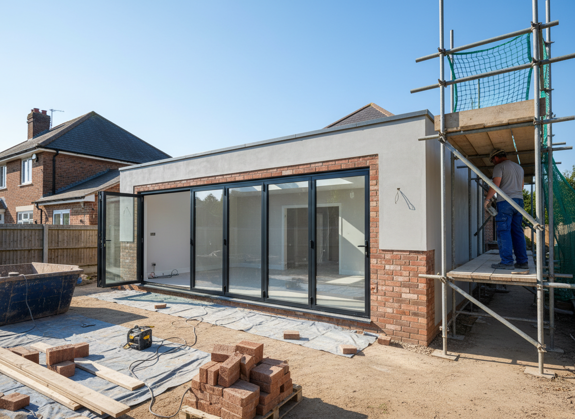 A photorealistic wide landscape image of a residential home extension being built. A modern single-storey rear extension with large bi-fold doors, fresh brickwork and clean rendering. Scaffolding on one side, a tradesperson in work gear finishing the exterior. Bright natural daylight, tidy job site, professional and trustworthy feel. Suitable for a construction company website image block.