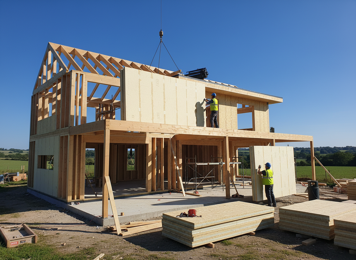 A photorealistic wide landscape image of a SIPs (Structural Insulated Panels) house build in progress. Shows the timber frame and SIP panel structure clearly from the outside, with workers on site fitting panels. Modern self-build home, clear blue sky, bright daylight. Tidy professional site. Wide landscape orientation.